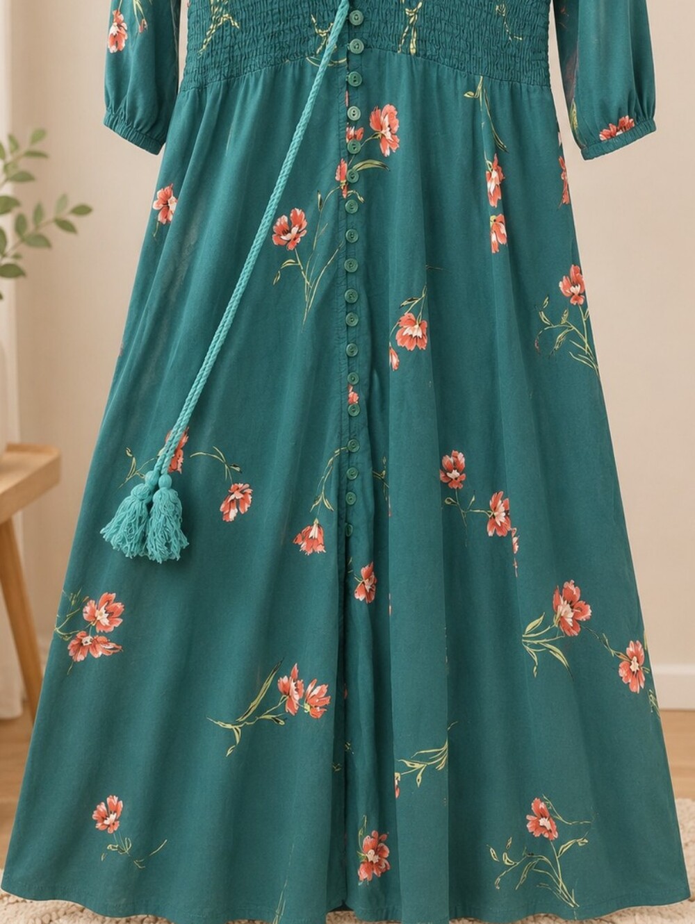 Jaase Teal Floral Boho Maxi Dress Smocked Waist High Low Hem Small - Picture 9 of 16